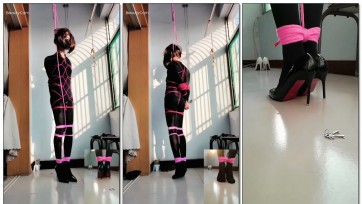 【玩家自缚】情趣紧身衣，脚部放黄豆，强制踮脚，痛苦呻吟。手铐自缚，钥匙掉在地上，吊缚、够不到钥匙，脱出不能。