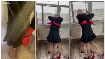 【媚娘工作室】M被水冲湿，阳台晾晒