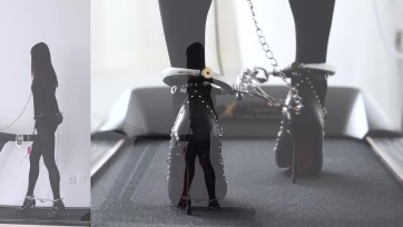 【高跟遇到跑步机】连体衣黑丝高跟手脚连铐+电动BB、金属GS、TD、电击器在跑步机上