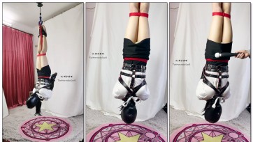 【坎喵】肉丝OL拘束衣+单手套+全包头套倒吊放置+强高