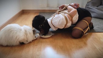 【丝米】【囚禁我的女老师Ⅳ】禁室培欲 女老师被监禁，绑一晚，早上起来试图逃跑，抓回来严厉惩罚！趴在地上和猫猫一起吃饭，第一视角沉浸式调教（黑丝职业装、开腿捆绑、脚踢打pp、...