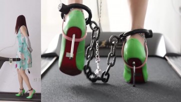 【高跟遇上跑步机】放入豆子的高跟被手脚连铐与无线TD、充气GS、、电击器、电动BB在跑步机上