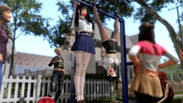 【3D动画】（来自女儿的路边调教Ⅱ）围观的路人纷纷地看不下去，把女儿紧紧绑在小区的柱子上无法动弹分毫，两女羞耻的接受着大家的围观