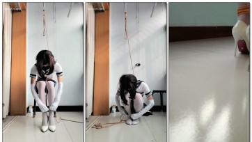 【玩家自缚】白丝水手服、强制踮脚、极限80°踮脚，痛苦呻吟。高跟鞋里放黄豆。过膝长靴，吊缚。呼吸限制。