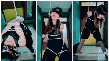 【TiedIndonesia】【黑丝】美少女被绑成弯腰，双腿分开，舌尖流口水