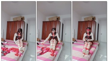 【圣灵缚艺】自缚3 穿着白色高跟鞋，红色绳子捆绑，口球，蒙眼各种buff叠加。走绳丝滑，捆绑驷马自缚，痛苦并快乐着