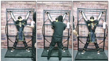 【HD飞天原创】一娇禁锢在刑架上，棒棒，电击全身刺激，牛奶加辣椒水灌长，疼的一娇摇头摆尾