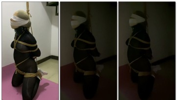 【M妻】被吊绑在储藏间里的肉货（连身黑丝+白袜、丝袜套头、胶带堵嘴蒙眼、项圈）